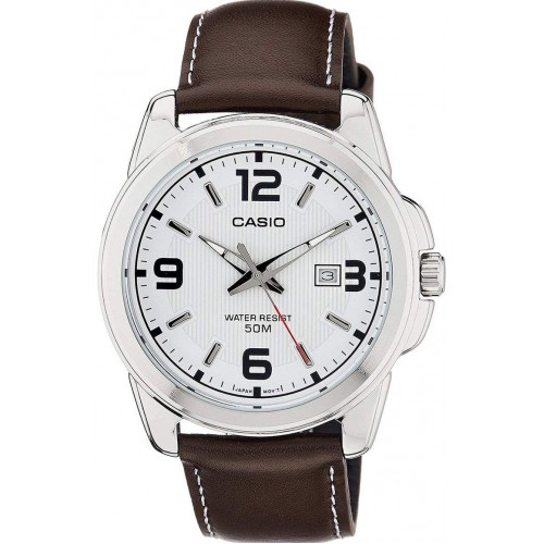 Casio Men's White Dial Leather Band Watch - MTP-1314L-7AVDF