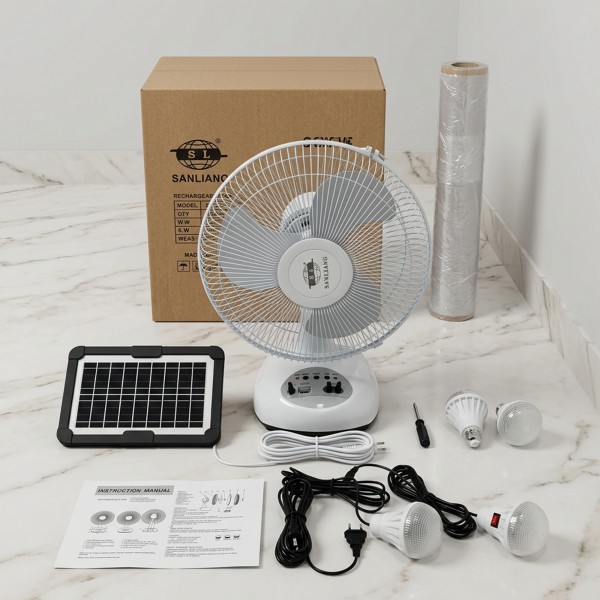 مروحة سانليانج الذكية 3 في 1 - تبريد بالطاقة الشمسية، إضاءة طوارئ، وشاحن جوال متنقل