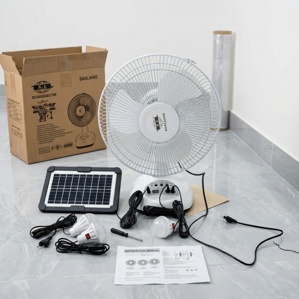 مروحة سانليانج الذكية 3 في 1 - تبريد بالطاقة الشمسية، إضاءة طوارئ، وشاحن جوال متنقل
