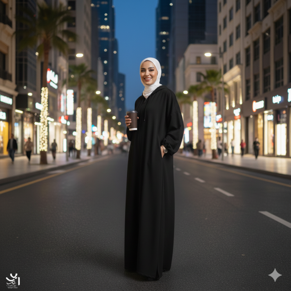 عباية العمرة بغطاء للرأس لون أسود مقاس XL