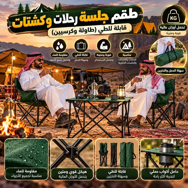 طقم جلسة رحلات وكشتات قابلة للطي طاولة وكرسيين