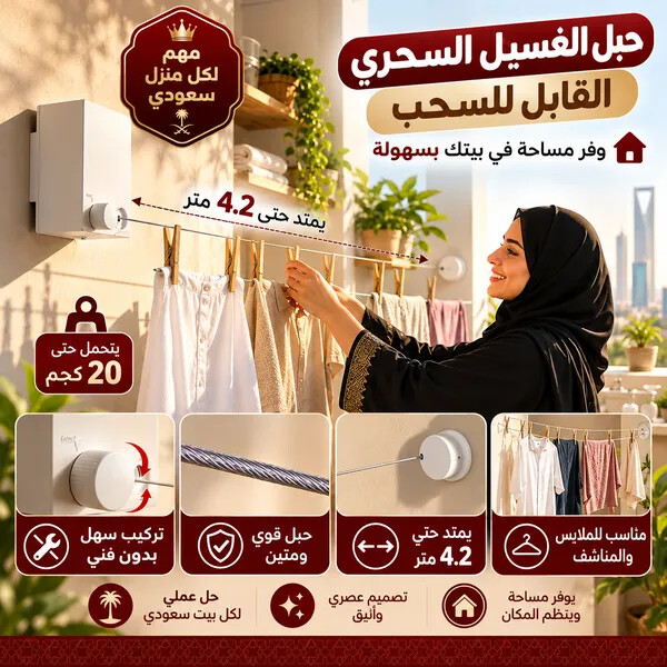 حبل غسيل جداري يمتد حتى 4 2 متر موفر للمساحة وسهل التركيب