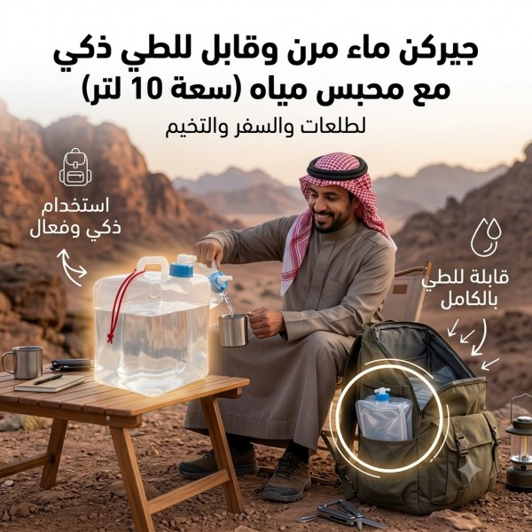 جيركن ماء مرن وقابل للطي ذكي مع محبس مياه سعة 10 لتر لطلعات والسفر والتخيم