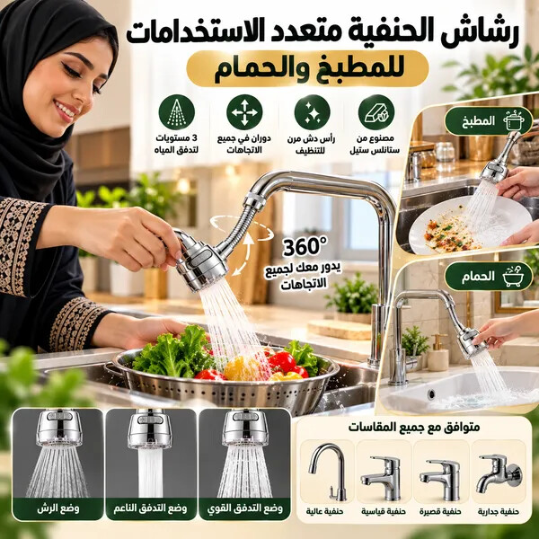 رشاش الحنفية متعدد الاستخدامات للمطبخ والحمام بتلف بزاوية 360 درجة