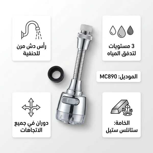 رشاش الحنفية متعدد الاستخدامات للمطبخ والحمام بتلف بزاوية 360 درجة