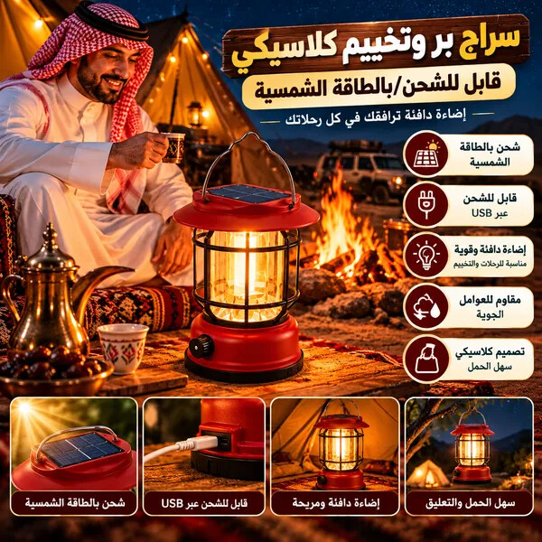 سراج بر وتخييم كلاسيكي قابل للشحن بالطاقة الشمسية