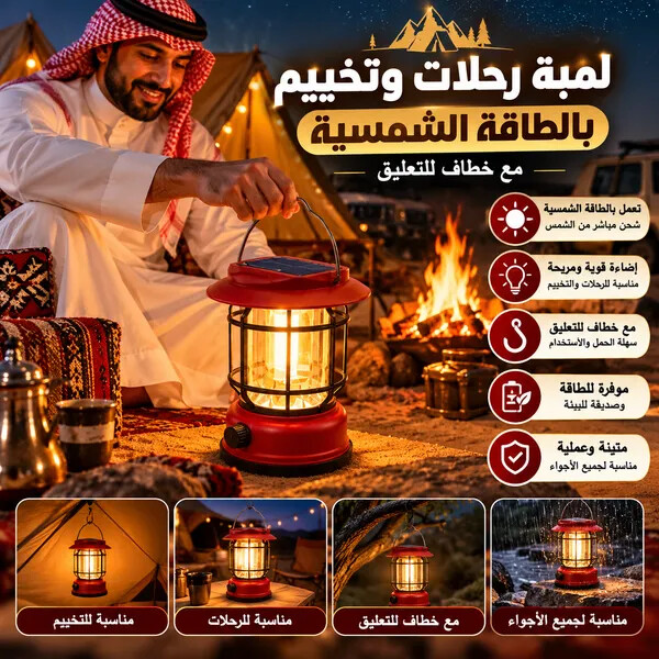 سراج بر وتخييم كلاسيكي قابل للشحن بالطاقة الشمسية