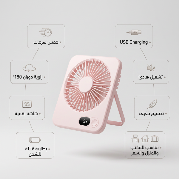 مروحة مكتب وسفر محمولة تعمل بالشحن 5 سرعات وشاشة LED