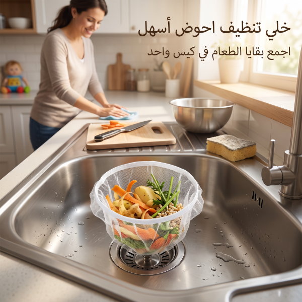 حامل ومصفاة بقايا الطعام لحوض المطبخ القابل للطي مع أكياس شبكية