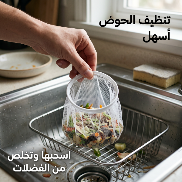 حامل ومصفاة بقايا الطعام لحوض المطبخ القابل للطي مع أكياس شبكية