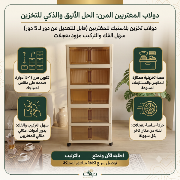 دولاب تخزين بلاستيك للمغتربين قابل للتعديل من دور لـ 5 دور سهل الفك والتركيب مزود بعجلات