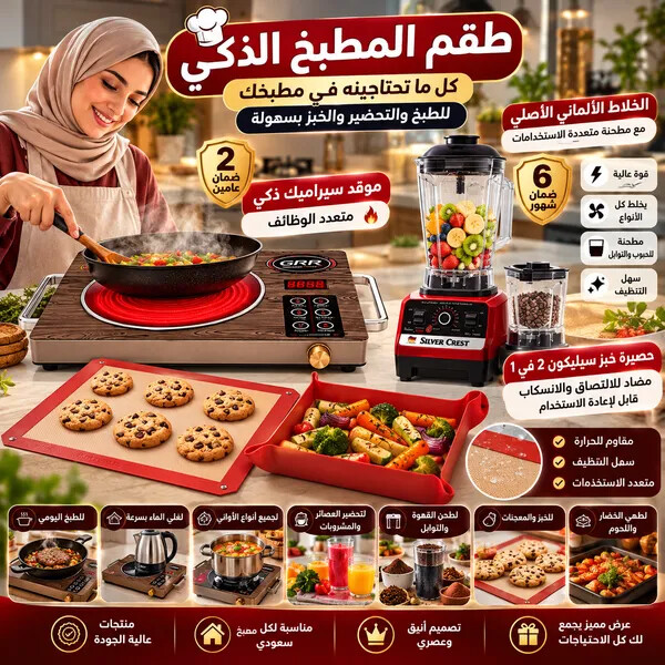 باقة مطبخي الذكي موقد سيراميك ذكي متعدد الوظائف بضمان عامين الخلاط الألماني الأصلي مع مطحنة بضمان 6 شهور حصيرة خبز سيليكون 2 في 1 مضاد للالتصاق والانسكاب قابل لإعادة الاستخدام