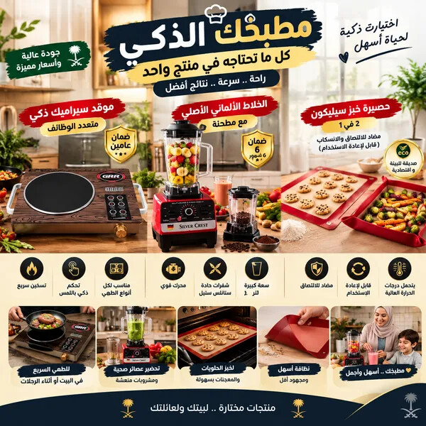 باقة مطبخي الذكي موقد سيراميك ذكي متعدد الوظائف بضمان عامين الخلاط الألماني الأصلي مع مطحنة بضمان 6 شهور حصيرة خبز سيليكون 2 في 1 مضاد للالتصاق والانسكاب قابل لإعادة الاستخدام
