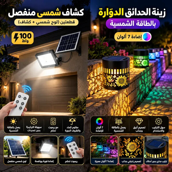 باقة الطاقة الشمسية المتكاملة كشاف شمسي  لوح شمسي كشاف مع ريموت تحكم  زينة الحديقة  اضاءة 7 ألوان