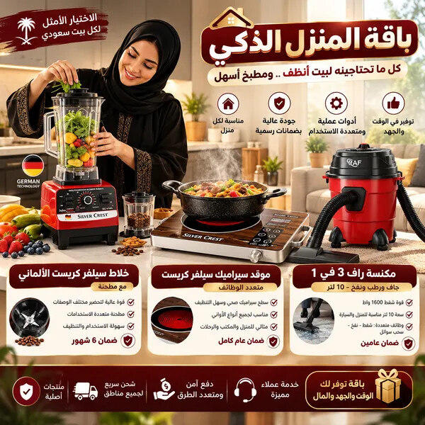 باقة المنزل الذكي الخلاط الألماني الأصلي مع مطحنة بضمان 6 شهور موقد سيراميك سيلفر كريست متعدد الوظائف بضمان عام مكنسة جاف و رطب ونفخ 10 لتر من راف بضمان عامين 3 في 1 للمنزل والسيارة 1600 واط