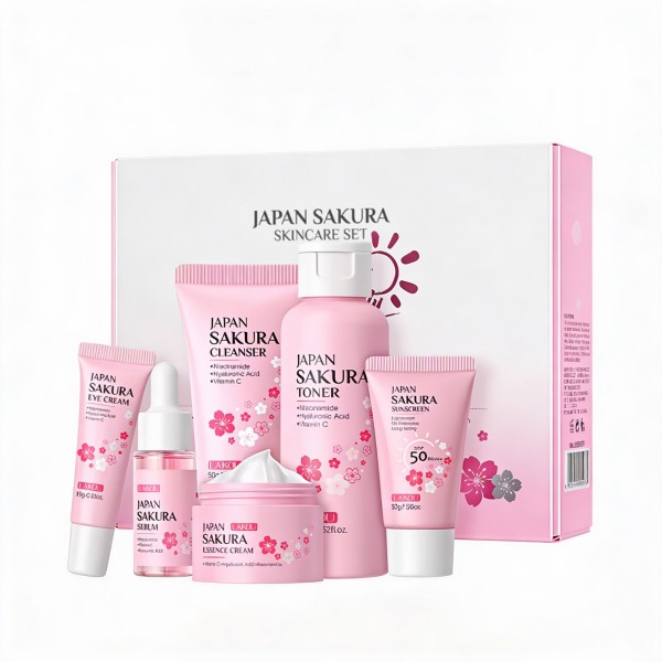 جموعة ساكورا للعناية بالبشرة، 6 قطع، تتضمن سيروم، غسول، تونر، كريم للوجه، كريم للعين، مرطب ليلي نهاري، وكريم واقٍ من الشمس، تحتوي على فيتامين سي ونياسيناميد