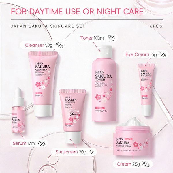 جموعة ساكورا للعناية بالبشرة، 6 قطع، تتضمن سيروم، غسول، تونر، كريم للوجه، كريم للعين، مرطب ليلي نهاري، وكريم واقٍ من الشمس، تحتوي على فيتامين سي ونياسيناميد