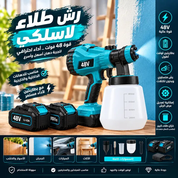 رش طلاء لاسلكي 48 فولت مع بطاريتين مسدس رش دهان كهربائي مع خزان طلاء وملحقات للتنظيف مناسب لدهان الجدران والأثاث والأخشاب والأسطح المعدنية