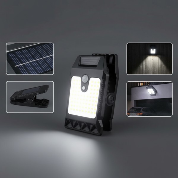 مصباح بمشبك مستشعر حركة محمول يعمل بالطاقة الشمسية